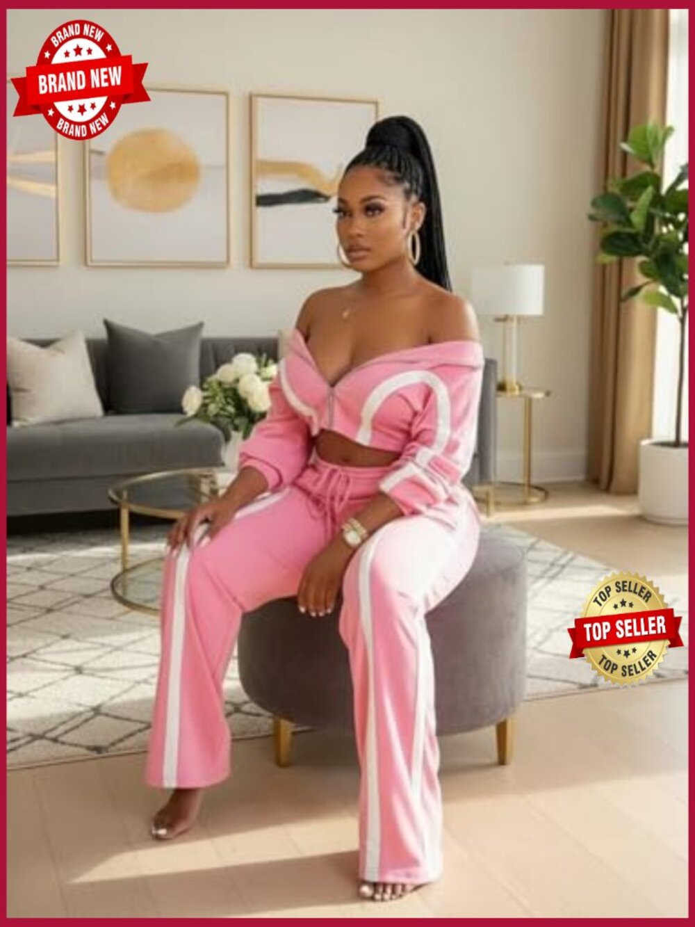 Striped 2 Piece Tracksuit Zip Up Jacket Wide Leg Pants Set - Picture 5 of 7